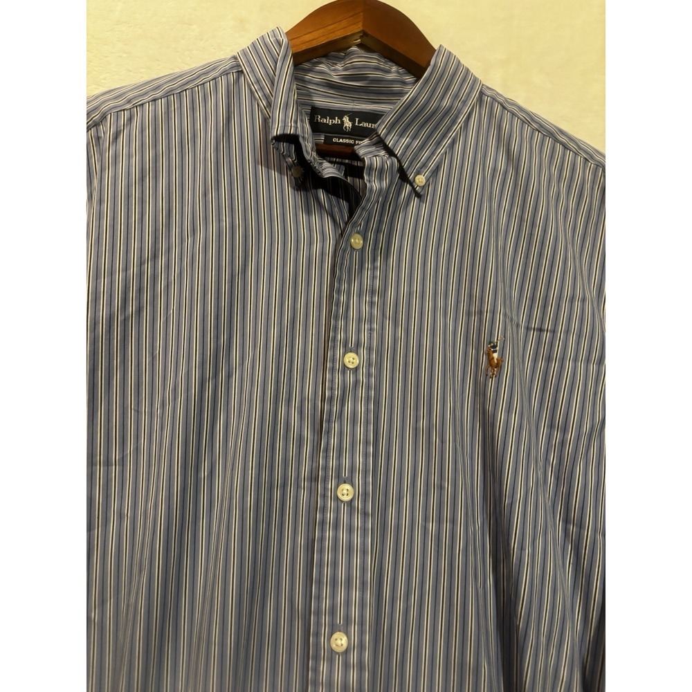 Polo Ralph Lauren Shirt Men XL Blue Striped Classic Fit Flesh Pony Button VTG